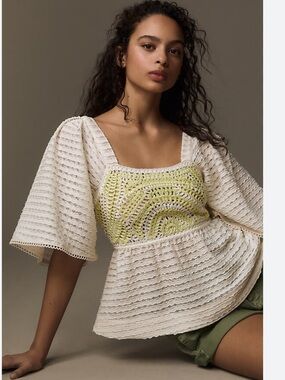 Sarah Hann Anthropologie Flutter Sleeve Crochet Top Sz medium